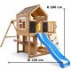 Голяма Детска Дървена Къщичка GINGER HOME за Двор с Пързалка, 2 Люлки, Катерушка и Пясъчник – 250×150×267 см