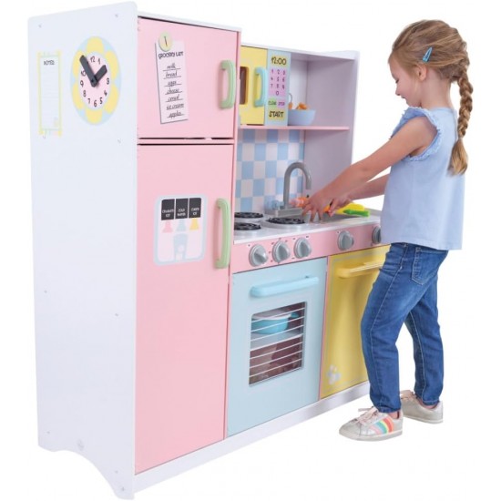 Детска Кухня GINGER HOME,  Дървена Играчка за Ролеви Игри с Цветен Дизайн, Размери 90x30x90 см