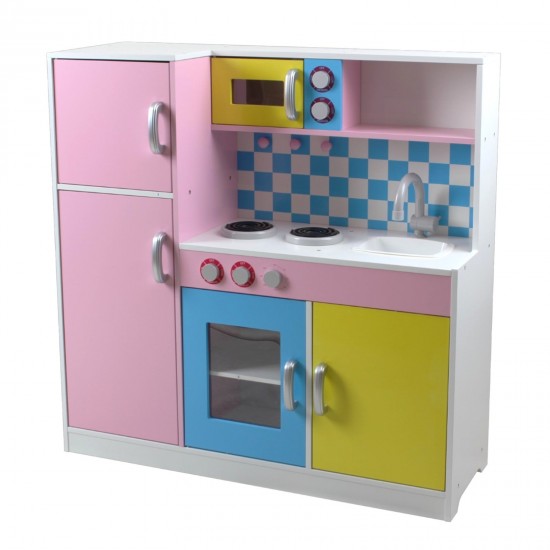 Детска Кухня GINGER HOME,  Дървена Играчка за Ролеви Игри с Цветен Дизайн, Размери 90x30x90 см