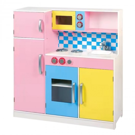 Детска Кухня GINGER HOME,  Дървена Играчка за Ролеви Игри с Цветен Дизайн, Размери 90x30x90 см