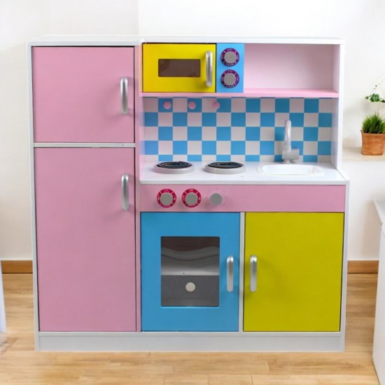 Детска Кухня GINGER HOME,  Дървена Играчка за Ролеви Игри с Цветен Дизайн, Размери 90x30x90 см