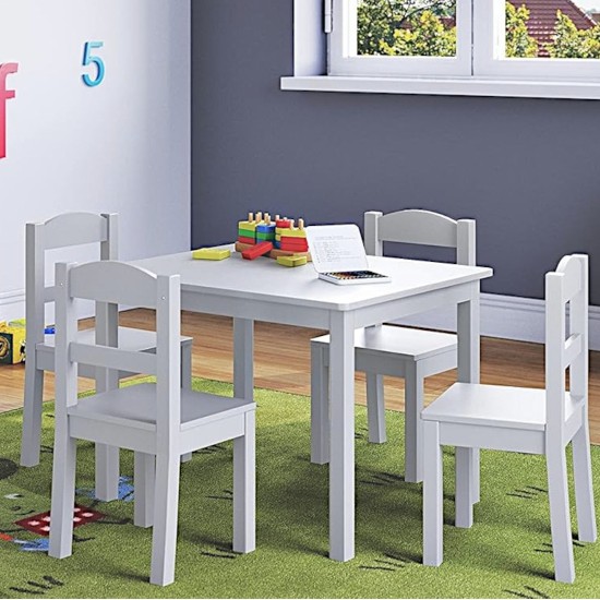 Детска Маса с 4 Столчета GINGER HOME, Дървен Комплект за Игра и Учение, Бял, 66x56x48 см Детска Маса с 4 Столчета GINGER HOME, Дървен Комплект за Игра и Учение, Бял, 66x56x48 см