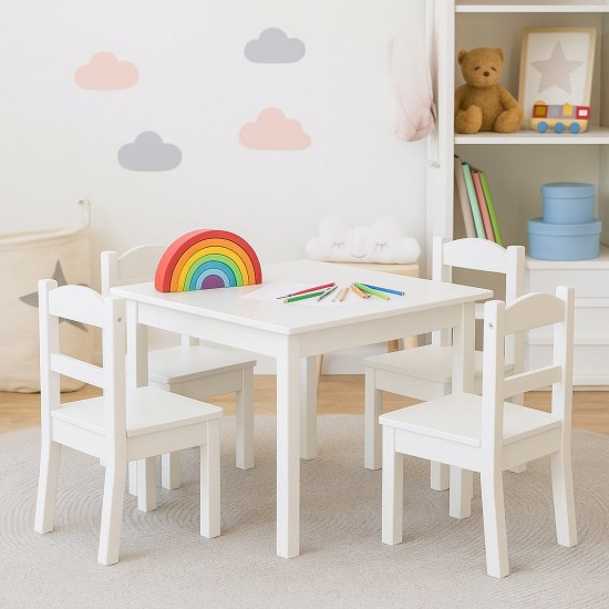 Детска Маса с 4 Столчета GINGER HOME, Дървен Комплект за Игра и Учение, Бял, 66x56x48 см Детска Маса с 4 Столчета GINGER HOME, Дървен Комплект за Игра и Учение, Бял, 66x56x48 см