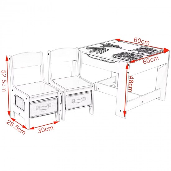 Детска Маса със Столчета, Двустранна, с Черна Дъска, 2 в 1 за Игра и Съхранение, WHITE/GREY