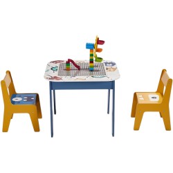 Детска Маса с 2 Столчета, Двустранна, за Рисуване и за Редене на Конструктори тип LEGO