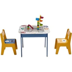Детска Маса с 2 Столчета, Двустранна, за Рисуване и за Редене на Конструктори тип LEGO