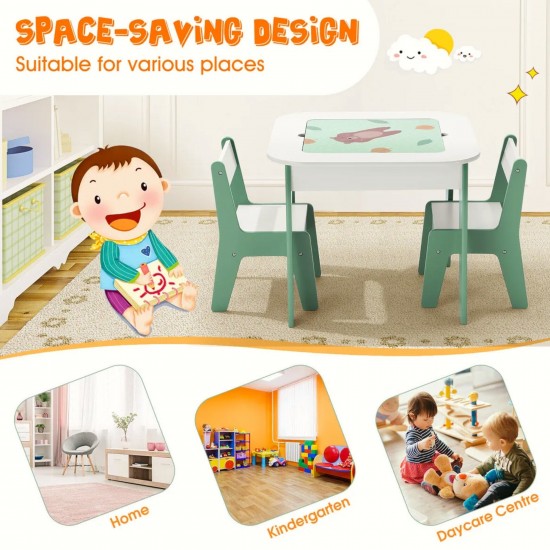 Детска Масичка със Столчета 4 в 1 GINGER HOME, 2 Плота, Черна дъска и Плот за Редене на Конструктори тип LEGO, Forest