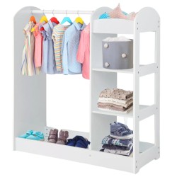 Детска Стойка за Дрехи с Огледало GINGER HOME - Отворен Детски Гардероб с Рафтове и Закачалки, Бял, 94x38x100 см
