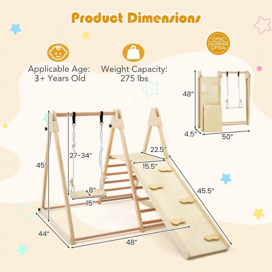 Детски Дървен Комплект GINGER HOME 4 в 1 – Люлка, Пързалка, Катерушка и Рампа за Катерене, 120x112x114 см