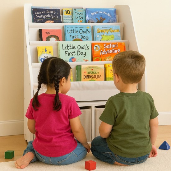 Детски Дървен Органайзер 2 в 1, Етажерка за Книжки и Кутии за Съхранение на Играчки Детски Дървен Органайзер 2 в 1, Етажерка за Книжки и Кутии за Съхранение на Играчки