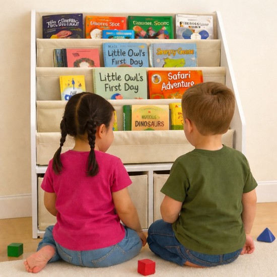 Детски Дървен Органайзер 2 в 1, Етажерка за Книжки и Кутии за Съхранение на Играчки Детски Дървен Органайзер 2 в 1, Етажерка за Книжки и Кутии за Съхранение на Играчки