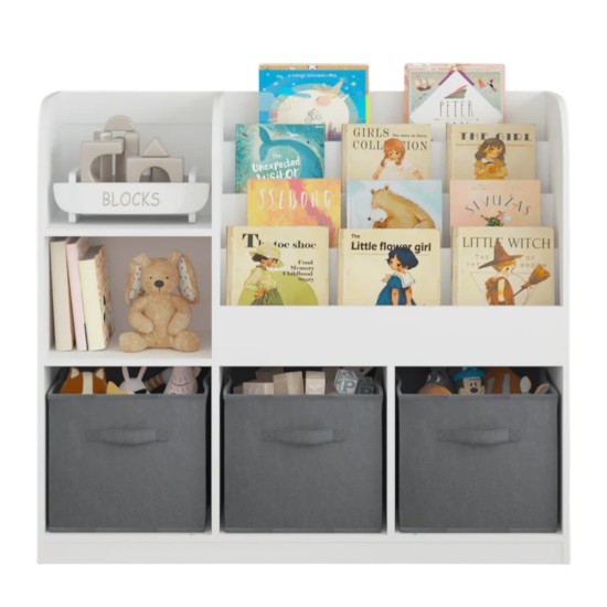 Детски Органайзер GINGER HOME, Етажерка с Рафтове за Играчки и Книги, 3 Текстилни Кутии, Дървен, Бял, 92x30x80 см, Монтесори Детски Органайзер GINGER HOME, Етажерка с Рафтове за Играчки и Книги, 3 Текстилни Кутии, Дървен, Бял, 92x30x80 см, Монтесори