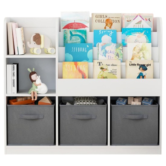 Детски Органайзер GINGER HOME, Етажерка с Рафтове за Играчки и Книги, 3 Текстилни Кутии, Дървен, Бял, 92x30x80 см, Монтесори Детски Органайзер GINGER HOME, Етажерка с Рафтове за Играчки и Книги, 3 Текстилни Кутии, Дървен, Бял, 92x30x80 см, Монтесори