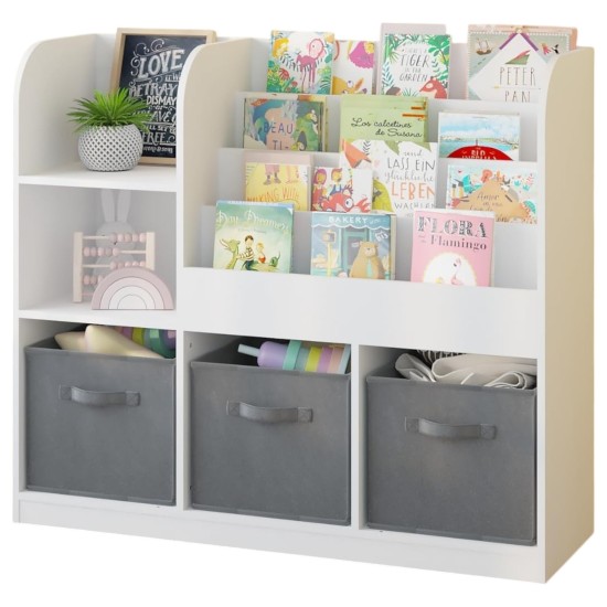 Детски Органайзер GINGER HOME, Етажерка с Рафтове за Играчки и Книги, 3 Текстилни Кутии, Дървен, Бял, 92x30x80 см, Монтесори Детски Органайзер GINGER HOME, Етажерка с Рафтове за Играчки и Книги, 3 Текстилни Кутии, Дървен, Бял, 92x30x80 см, Монтесори
