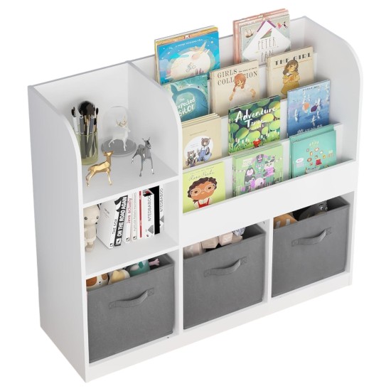 Детски Органайзер GINGER HOME, Етажерка с Рафтове за Играчки и Книги, 3 Текстилни Кутии, Дървен, Бял, 92x30x80 см, Монтесори Детски Органайзер GINGER HOME, Етажерка с Рафтове за Играчки и Книги, 3 Текстилни Кутии, Дървен, Бял, 92x30x80 см, Монтесори