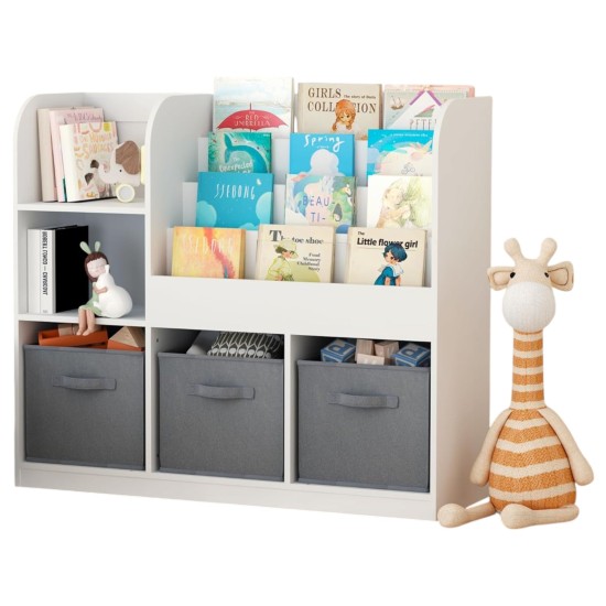 Детски Органайзер GINGER HOME, Етажерка с Рафтове за Играчки и Книги, 3 Текстилни Кутии, Дървен, Бял, 92x30x80 см, Монтесори Детски Органайзер GINGER HOME, Етажерка с Рафтове за Играчки и Книги, 3 Текстилни Кутии, Дървен, Бял, 92x30x80 см, Монтесори