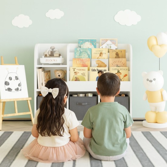 Детски Органайзер GINGER HOME, Етажерка с Рафтове за Играчки и Книги, 3 Текстилни Кутии, Дървен, Бял, 92x30x80 см, Монтесори Детски Органайзер GINGER HOME, Етажерка с Рафтове за Играчки и Книги, 3 Текстилни Кутии, Дървен, Бял, 92x30x80 см, Монтесори