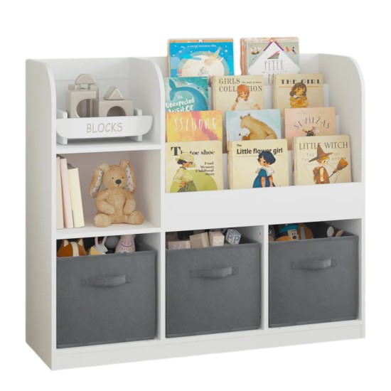 Детски Органайзер GINGER HOME, Етажерка с Рафтове за Играчки и Книги, 3 Текстилни Кутии, Дървен, Бял, 92x30x80 см, Монтесори Детски Органайзер GINGER HOME, Етажерка с Рафтове за Играчки и Книги, 3 Текстилни Кутии, Дървен, Бял, 92x30x80 см, Монтесори