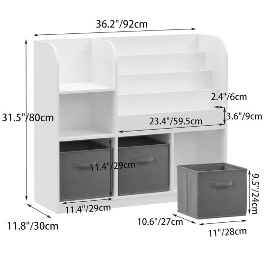 Детски Органайзер GINGER HOME, Етажерка с Рафтове за Играчки и Книги, 3 Текстилни Кутии, Дървен, Бял, 92x30x80 см, Монтесори Детски Органайзер GINGER HOME, Етажерка с Рафтове за Играчки и Книги, 3 Текстилни Кутии, Дървен, Бял, 92x30x80 см, Монтесори