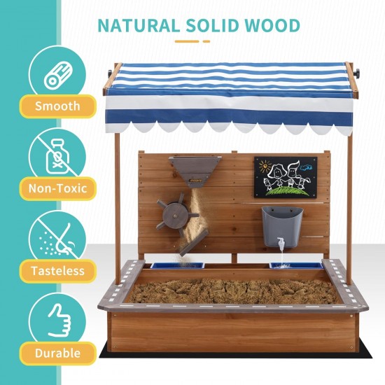 Детски Дървен Пясъчник GINGER HOME с Регулируем Покрив, Аксесоари за Игра 120x120x120 см – Идеален за Двор и Градина