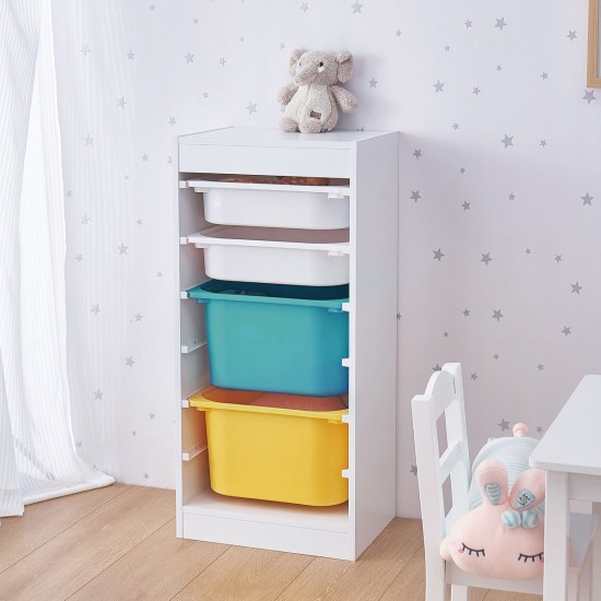 Детски Шкаф GINGER HOME, Етажерка за Играчки с 4 Кутии за Съхранение, Бял Детски Шкаф GINGER HOME, Етажерка за Играчки с 4 Кутии за Съхранение, Бял