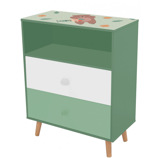 Детски Шкаф за Играчки и Дрехи GINGER HOME, Етажерка за Детска Стая с 2 чекмеджета, Мече, FOREST