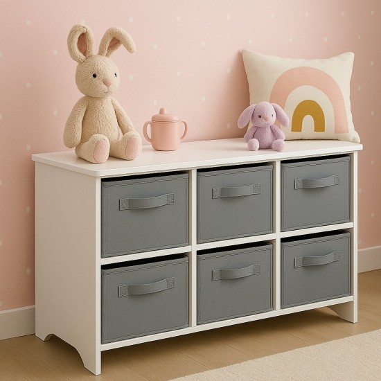 Детски Скрин GINGER HOME с 6 Текстилни Кутии за Съхранение на Играчки и Аксесоари, Сиво и Бяло