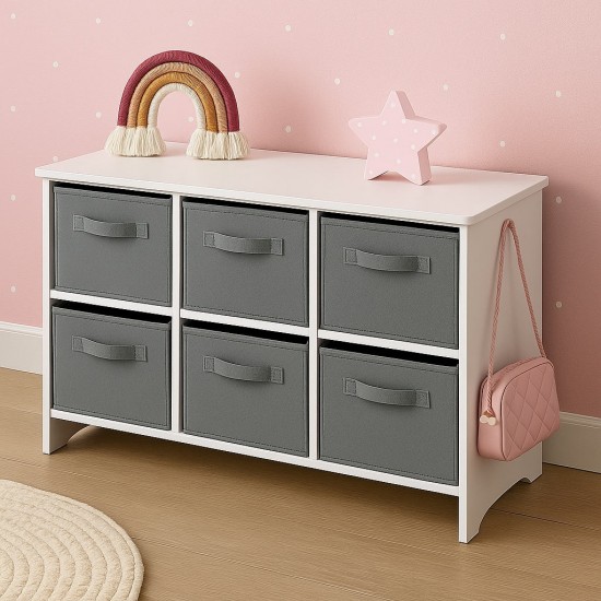 Детски Скрин GINGER HOME с 6 Текстилни Кутии за Съхранение на Играчки и Аксесоари, Сиво и Бяло