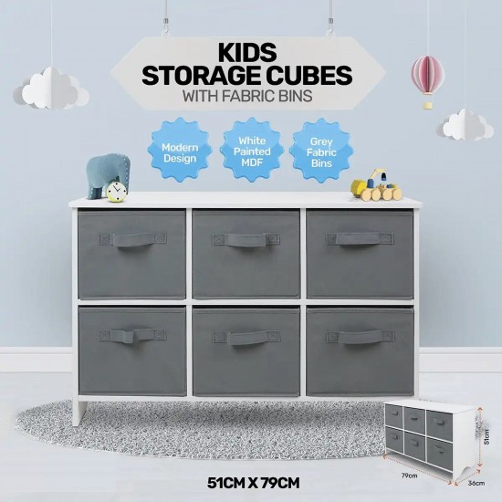 Детски Скрин GINGER HOME с 6 Текстилни Кутии за Съхранение на Играчки и Аксесоари, Сиво и Бяло