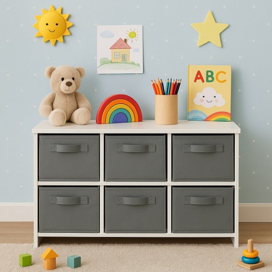Детски Скрин GINGER HOME с 6 Текстилни Кутии за Съхранение на Играчки и Аксесоари, Сиво и Бяло