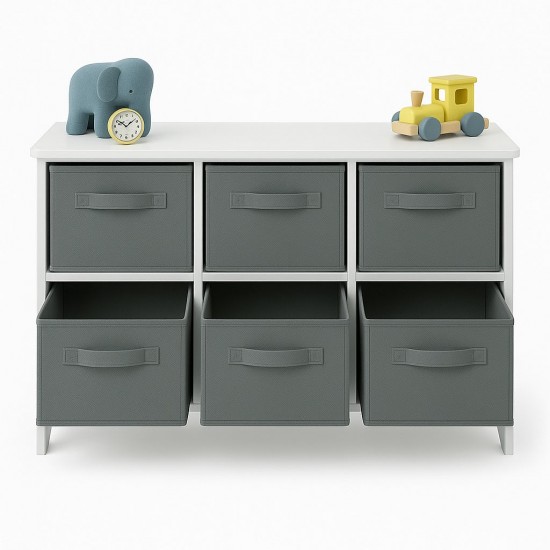 Детски Скрин GINGER HOME с 6 Текстилни Кутии за Съхранение на Играчки и Аксесоари, Сиво и Бяло