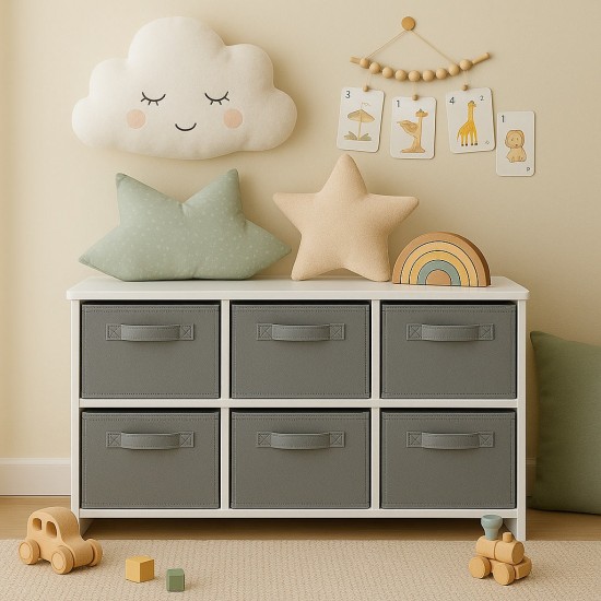 Детски Скрин GINGER HOME с 6 Текстилни Кутии за Съхранение на Играчки и Аксесоари, Сиво и Бяло