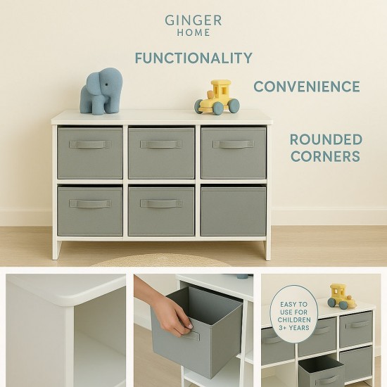 Детски Скрин GINGER HOME с 6 Текстилни Кутии за Съхранение на Играчки и Аксесоари, Сиво и Бяло