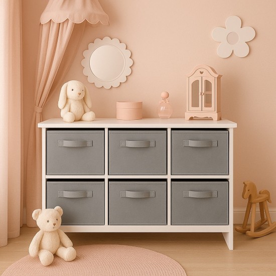 Детски Скрин GINGER HOME с 6 Текстилни Кутии за Съхранение на Играчки и Аксесоари, Сиво и Бяло