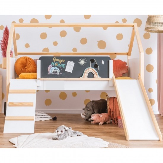 Детско Легло Къщичка GINGER HOME, Монтесори, Двуетажно, Пързалка, Черна Дъска, Подматрачна Рамка 90х200 см Детско Легло Къщичка GINGER HOME, Монтесори, Двуетажно, Пързалка, Черна Дъска, Подматрачна Рамка 90х200 см