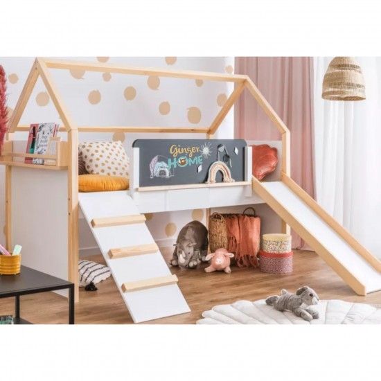 Детско Легло Къщичка GINGER HOME, Монтесори, Двуетажно, Пързалка, Черна Дъска, Подматрачна Рамка 90х200 см Детско Легло Къщичка GINGER HOME, Монтесори, Двуетажно, Пързалка, Черна Дъска, Подматрачна Рамка 90х200 см