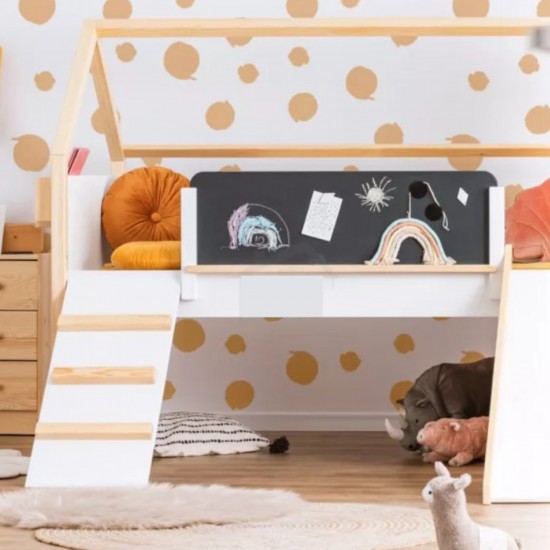 Детско Легло Къщичка GINGER HOME, Монтесори, Двуетажно, Пързалка, Черна Дъска, Подматрачна Рамка 90х200 см Детско Легло Къщичка GINGER HOME, Монтесори, Двуетажно, Пързалка, Черна Дъска, Подматрачна Рамка 90х200 см