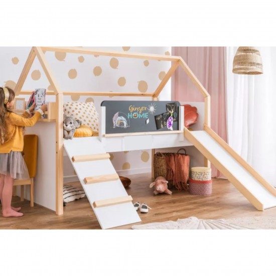Детско Легло Къщичка GINGER HOME, Монтесори, Двуетажно, Пързалка, Черна Дъска, Подматрачна Рамка 90х200 см Детско Легло Къщичка GINGER HOME, Монтесори, Двуетажно, Пързалка, Черна Дъска, Подматрачна Рамка 90х200 см