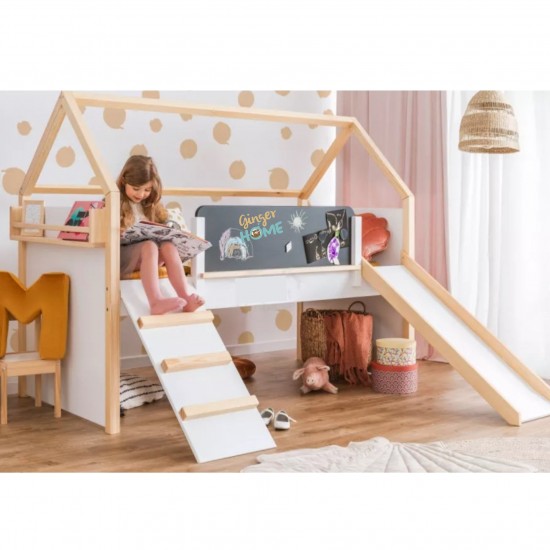 Детско Легло Къщичка GINGER HOME, Монтесори, Двуетажно, Пързалка, Черна Дъска, Подматрачна Рамка 90х200 см Детско Легло Къщичка GINGER HOME, Монтесори, Двуетажно, Пързалка, Черна Дъска, Подматрачна Рамка 90х200 см
