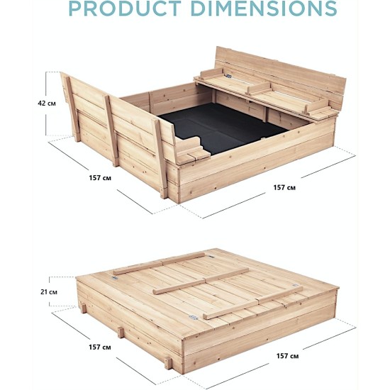 Голям Дървен Детски Пясъчник с Пейки и Защитен капак – GINGER HOME, 157×157×21 см Голям Дървен Детски Пясъчник с Пейки и Защитен капак – GINGER HOME, 157×157×21 см