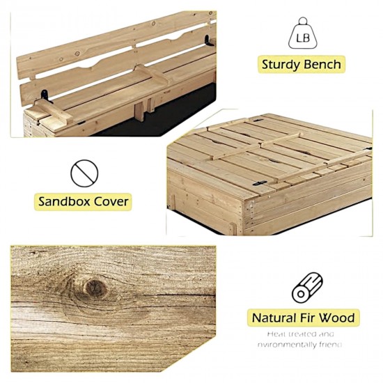 Голям Детски Пясъчник с Пейки и Сгъваем Капак GINGER HOME 157x157x21см, Дървен Голям Детски Пясъчник с Пейки и Сгъваем Капак GINGER HOME 157x157x21см, Дървен
