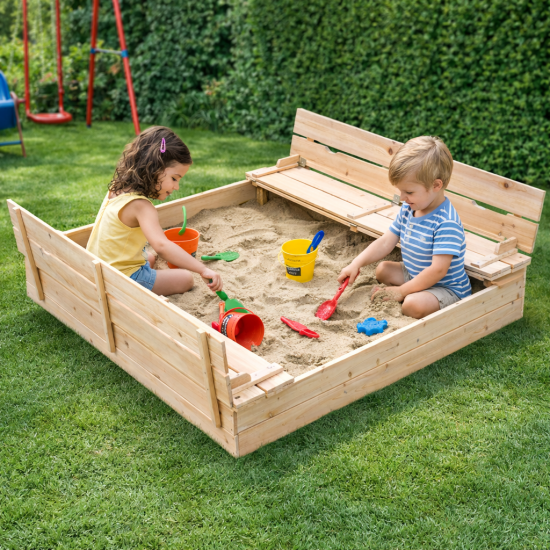 Голям Дървен Детски Пясъчник с Пейки и Защитен капак – GINGER HOME, 157×157×21 см Голям Дървен Детски Пясъчник с Пейки и Защитен капак – GINGER HOME, 157×157×21 см