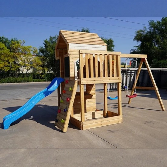 Голяма Детска Дървена Къщичка GINGER HOME за Двор с Пързалка, 2 Люлки, Катерушка и Пясъчник – 250×150×267 см