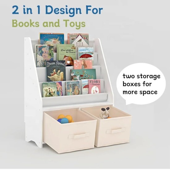 Детски Дървен Органайзер 2 в 1, Етажерка за Книжки и Кутии за Съхранение на Играчки Детски Дървен Органайзер 2 в 1, Етажерка за Книжки и Кутии за Съхранение на Играчки