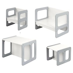 Монтесори Детска маса и Столче GINGER HOME, Дървен Комплект 3 в 1, бяло и сиво