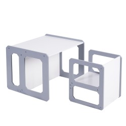 Монтесори Детска маса и Столче GINGER HOME, Дървен Комплект 3 в 1, бяло и сиво