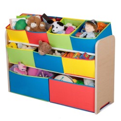 Детски Дървен Органайзер, Етажерка, Шкаф, Секция за Съхранение на Играчки и Книжки - 3 нива с 9 Текстилни Кутии - COLORS