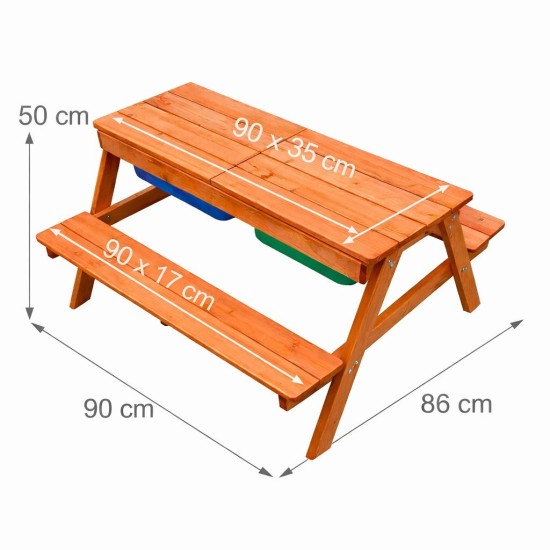Детска Дървена Маса с Пейки и Пясъчник GINGER HOME – 2в1, Повдигащ се Плот, 90x86x50 см