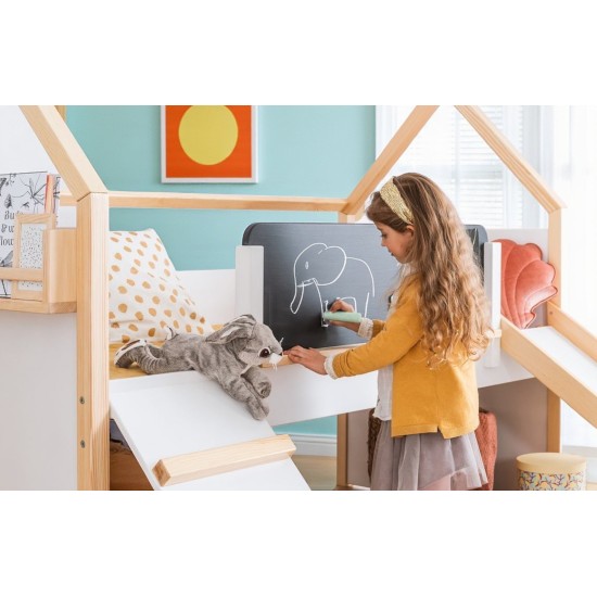 Детско Легло Къщичка GINGER HOME, Монтесори, Двуетажно, Пързалка, Черна Дъска, Подматрачна Рамка 90х200 см Детско Легло Къщичка GINGER HOME, Монтесори, Двуетажно, Пързалка, Черна Дъска, Подматрачна Рамка 90х200 см