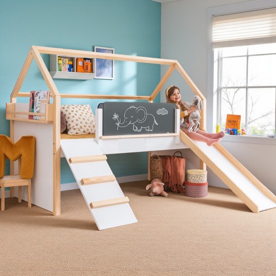 Детско Легло Къщичка GINGER HOME, Монтесори, Двуетажно, Пързалка, Черна Дъска, Подматрачна Рамка 90х200 см Детско Легло Къщичка GINGER HOME, Монтесори, Двуетажно, Пързалка, Черна Дъска, Подматрачна Рамка 90х200 см